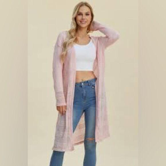 Pink Super Soft L side Slit Long Line Cardigan Open Crochet Front - Picture 1 of 12